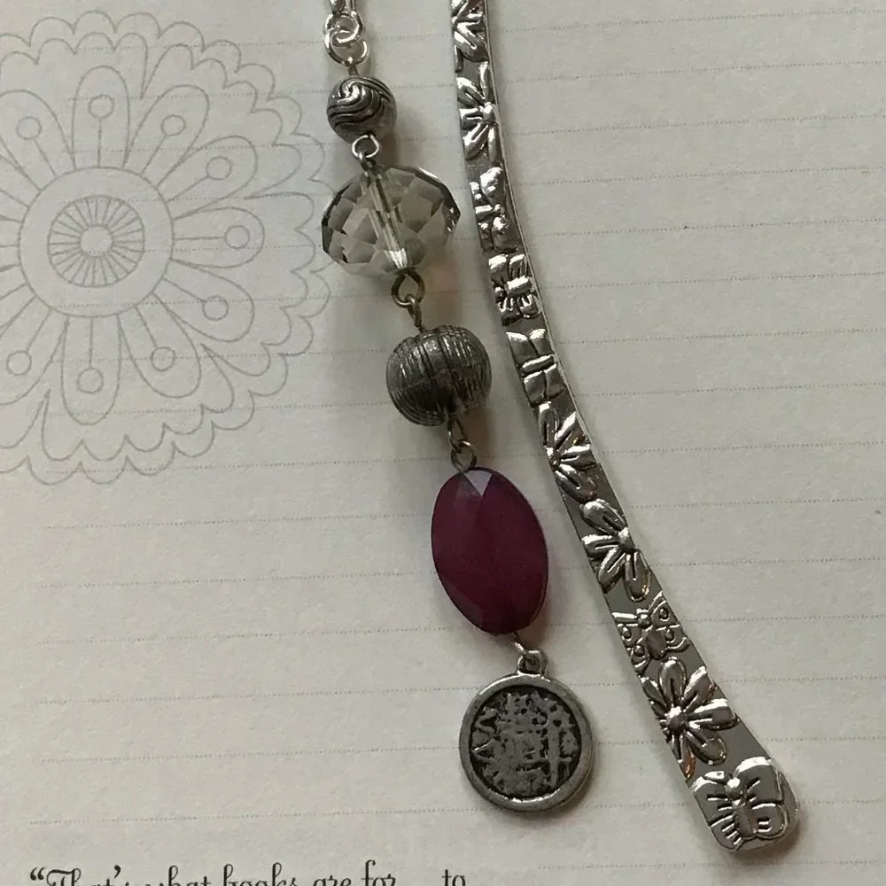 Tibetan Metal Bookmark Flower Engraved Silver‎ and Purple Beaded Hook Bookmark